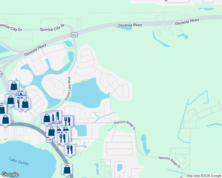 map of restaurants, bars, coffee shops, grocery stores, and more near 4512 Sequel Road in Kissimmee