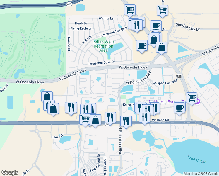 map of restaurants, bars, coffee shops, grocery stores, and more near 3105 Seaview Castle Drive in Kissimmee