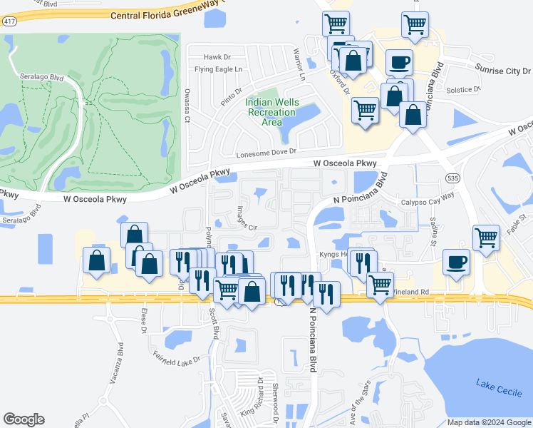 map of restaurants, bars, coffee shops, grocery stores, and more near 5279 Images Circle in Kissimmee