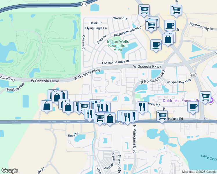 map of restaurants, bars, coffee shops, grocery stores, and more near 5255 Images Circle in Kissimmee