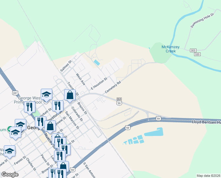 map of restaurants, bars, coffee shops, grocery stores, and more near 504 Cemetery in George West