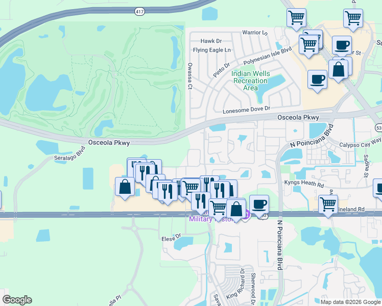map of restaurants, bars, coffee shops, grocery stores, and more near 3050 Polynesian Isles Boulevard in Kissimmee