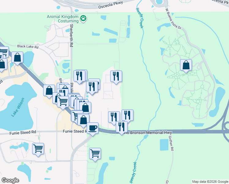 map of restaurants, bars, coffee shops, grocery stores, and more near 7430 Brooklyn Drive in Kissimmee