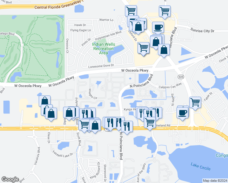 map of restaurants, bars, coffee shops, grocery stores, and more near 3085 Seaview Castle Drive in Kissimmee