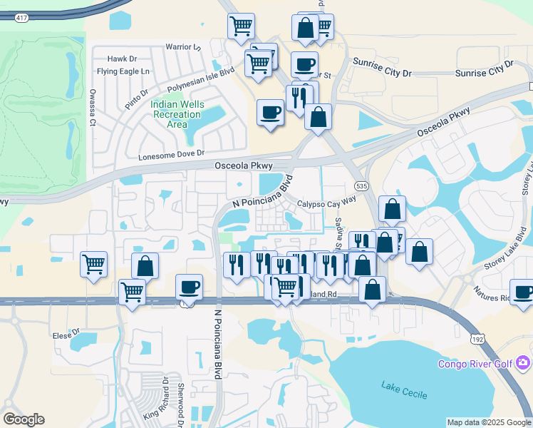 map of restaurants, bars, coffee shops, grocery stores, and more near 3016 Bonfire Beach Drive in Kissimmee