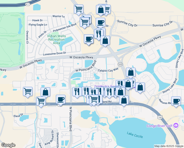 map of restaurants, bars, coffee shops, grocery stores, and more near 3009 Bonfire Beach Drive in Kissimmee