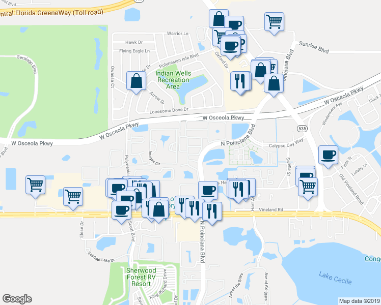 map of restaurants, bars, coffee shops, grocery stores, and more near 3105 Seaview Castle Drive in Kissimmee