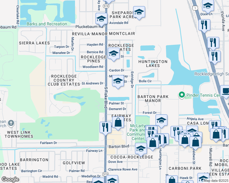 map of restaurants, bars, coffee shops, grocery stores, and more near 1530 South Fiske Boulevard in Rockledge