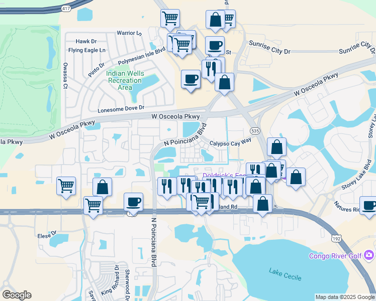 map of restaurants, bars, coffee shops, grocery stores, and more near 3016 Bonfire Beach Drive in Kissimmee