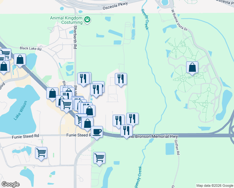map of restaurants, bars, coffee shops, grocery stores, and more near Brooklyn Drive in Osceola County