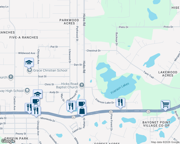 map of restaurants, bars, coffee shops, grocery stores, and more near 10030 Frierson Lake Drive in Hudson