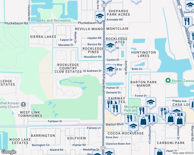 map of restaurants, bars, coffee shops, grocery stores, and more near 1525 South Fiske Boulevard in Rockledge