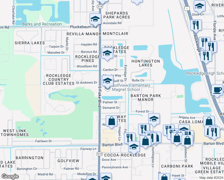 map of restaurants, bars, coffee shops, grocery stores, and more near 1530 South Fiske Boulevard in Rockledge