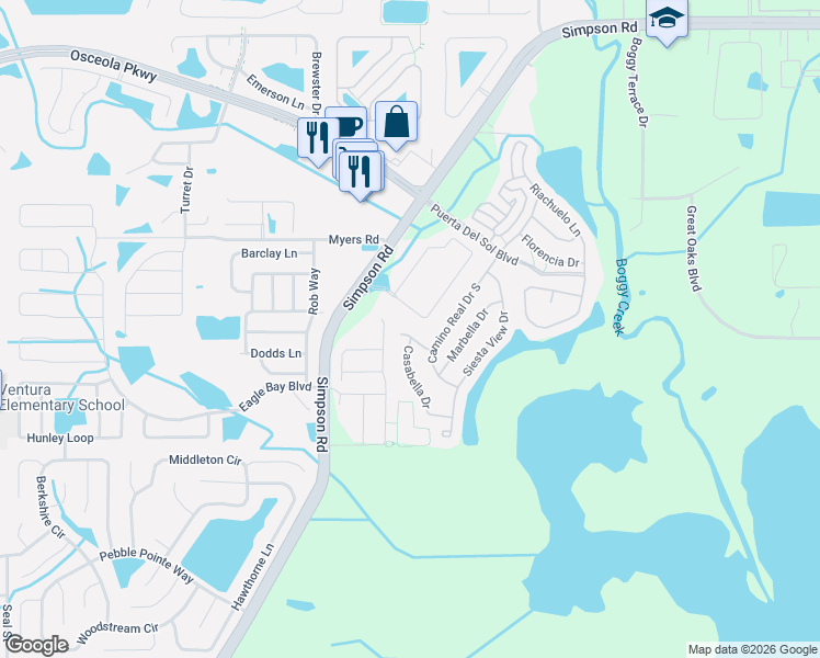 map of restaurants, bars, coffee shops, grocery stores, and more near 2838 Sera Bella Way in Kissimmee