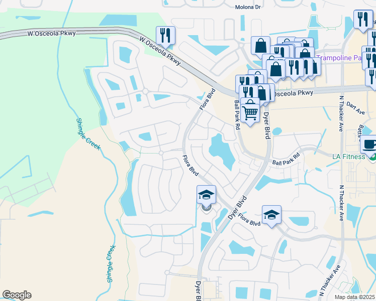 map of restaurants, bars, coffee shops, grocery stores, and more near 3126 Ashland Lane North in Kissimmee
