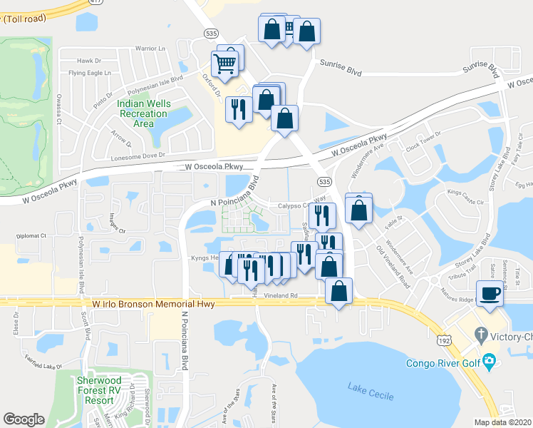 map of restaurants, bars, coffee shops, grocery stores, and more near 3000 Coquina Court in Kissimmee