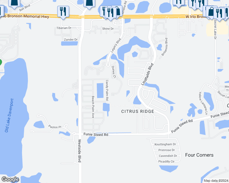 map of restaurants, bars, coffee shops, grocery stores, and more near 8828 Dunes Court in Kissimmee