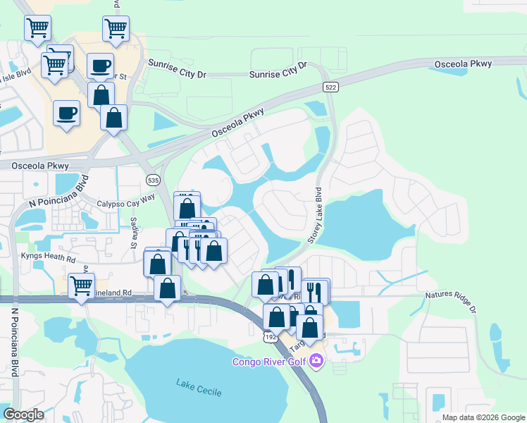 map of restaurants, bars, coffee shops, grocery stores, and more near 4766 Kings Castle Circle in Kissimmee