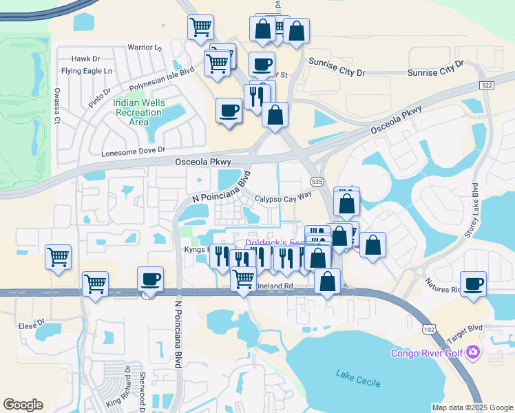 map of restaurants, bars, coffee shops, grocery stores, and more near 3000 Coquina Court in Kissimmee
