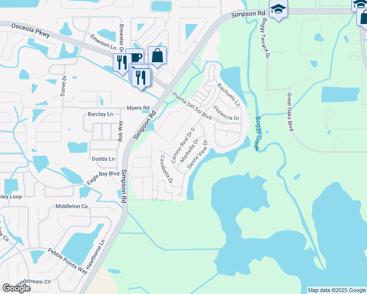 map of restaurants, bars, coffee shops, grocery stores, and more near 3017 Camino Real Drive South in Kissimmee