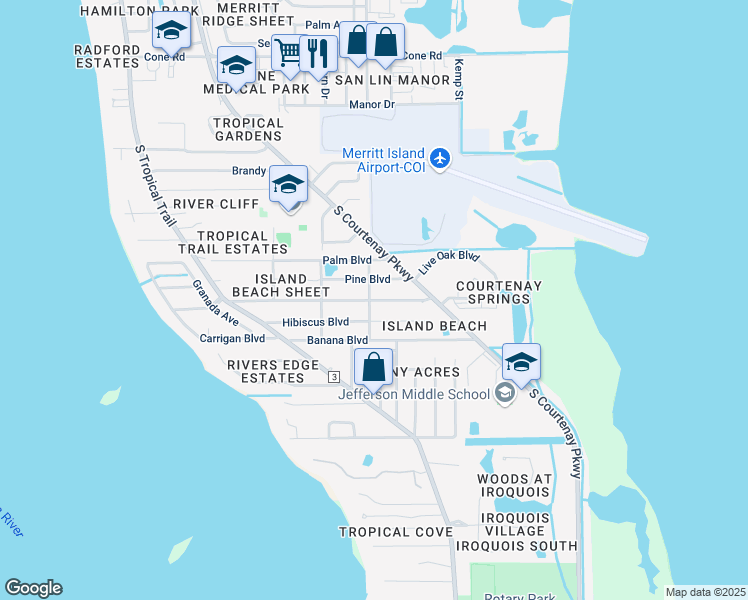 map of restaurants, bars, coffee shops, grocery stores, and more near 422 Island Beach Boulevard in Merritt Island