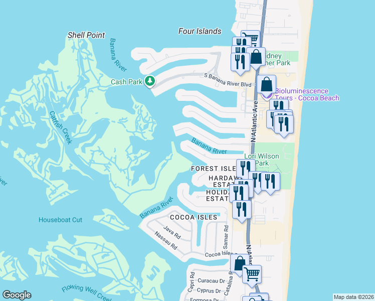 map of restaurants, bars, coffee shops, grocery stores, and more near 278 Antigua Drive in Cocoa Beach