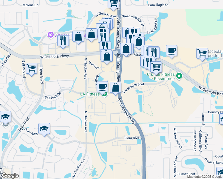 map of restaurants, bars, coffee shops, grocery stores, and more near Centerview Boulevard in Kissimmee