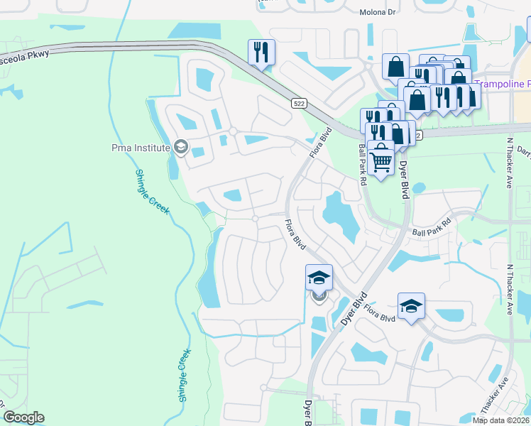 map of restaurants, bars, coffee shops, grocery stores, and more near 3463 Forest Ridge Lane in Kissimmee