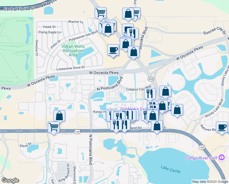 map of restaurants, bars, coffee shops, grocery stores, and more near 3009 Bonfire Beach Drive in Kissimmee