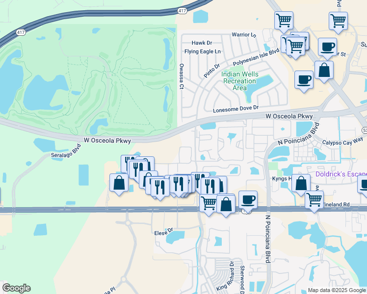map of restaurants, bars, coffee shops, grocery stores, and more near 3050 Polynesian Isles Boulevard in Kissimmee