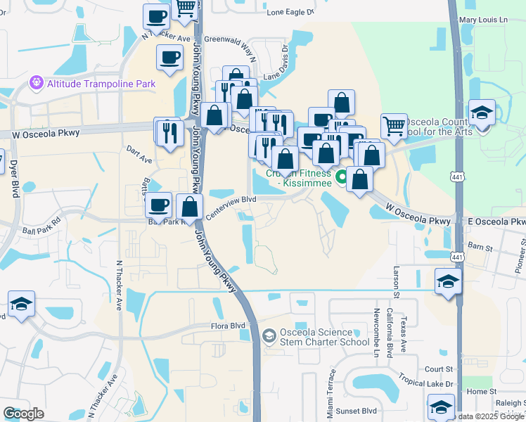 map of restaurants, bars, coffee shops, grocery stores, and more near 1201 Muzano Street in Kissimmee