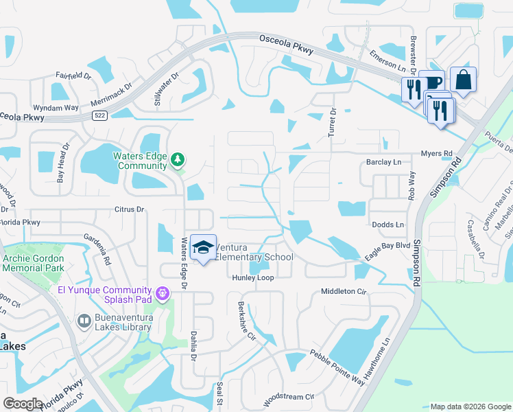 map of restaurants, bars, coffee shops, grocery stores, and more near 2576 Isabela Terrace in Kissimmee