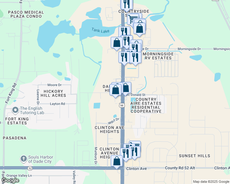 map of restaurants, bars, coffee shops, grocery stores, and more near 12401 U.S. 301 in Dade City