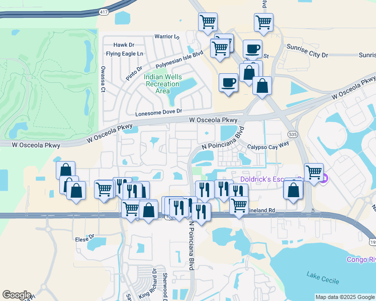 map of restaurants, bars, coffee shops, grocery stores, and more near 3105 Seaview Castle Drive in Kissimmee
