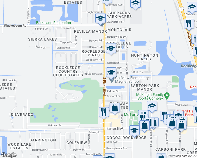 map of restaurants, bars, coffee shops, grocery stores, and more near 1525 South Fiske Boulevard in Rockledge