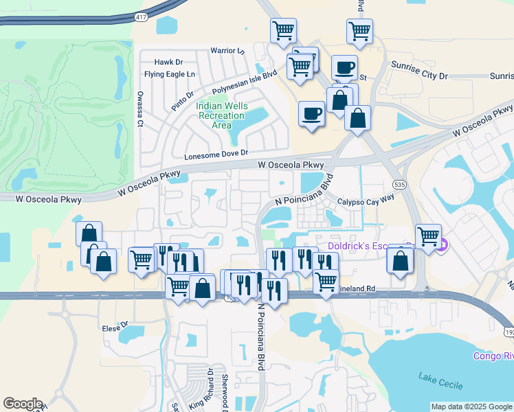 map of restaurants, bars, coffee shops, grocery stores, and more near 3105 Seaview Castle Drive in Kissimmee