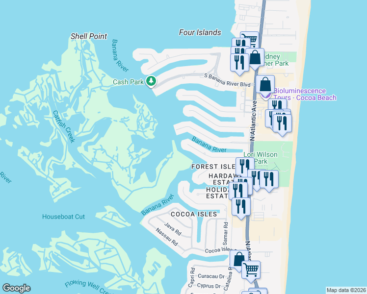 map of restaurants, bars, coffee shops, grocery stores, and more near 278 Antigua Drive in Cocoa Beach