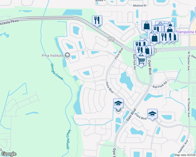 map of restaurants, bars, coffee shops, grocery stores, and more near 3463 Forest Ridge Lane in Kissimmee