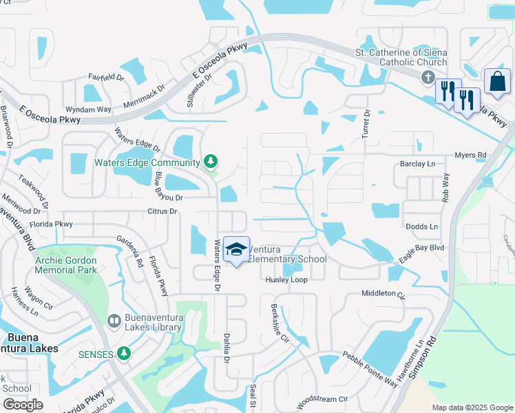 map of restaurants, bars, coffee shops, grocery stores, and more near 2552 Isabela Terrace in Kissimmee