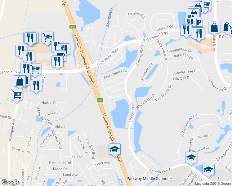 map of restaurants, bars, coffee shops, grocery stores, and more near 810 Fruitwood Drive in Kissimmee