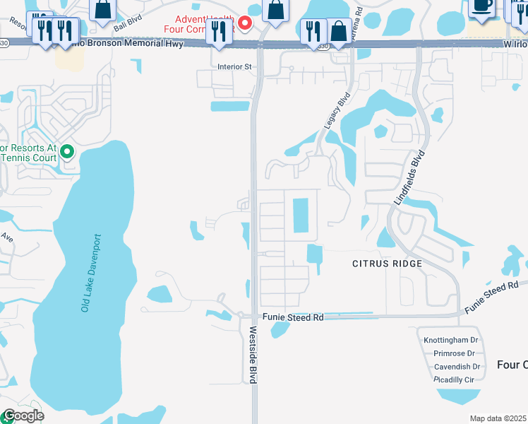 map of restaurants, bars, coffee shops, grocery stores, and more near 8979 Cat Palm Road in Kissimmee