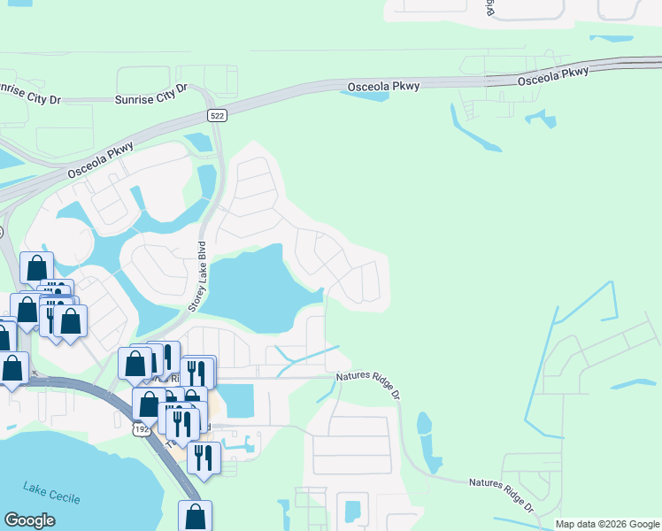map of restaurants, bars, coffee shops, grocery stores, and more near 4512 Sequel Road in Kissimmee