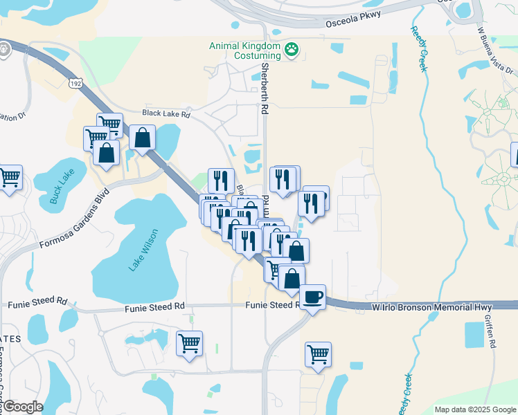 map of restaurants, bars, coffee shops, grocery stores, and more near 7601 Black Lake Road in Kissimmee