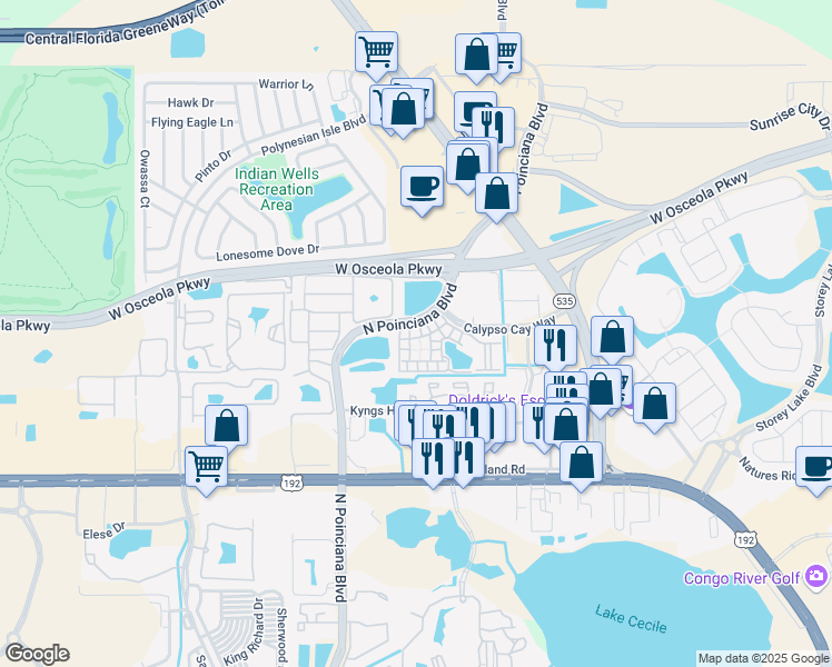 map of restaurants, bars, coffee shops, grocery stores, and more near 3009 Bonfire Beach Drive in Kissimmee