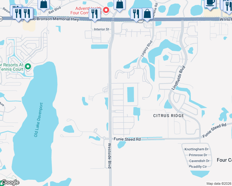 map of restaurants, bars, coffee shops, grocery stores, and more near 8979 Cat Palm Road in Kissimmee