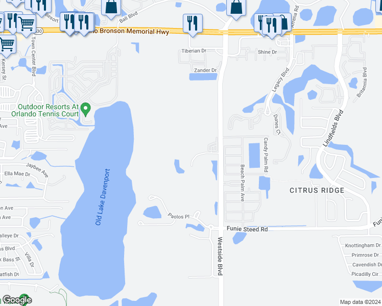 map of restaurants, bars, coffee shops, grocery stores, and more near 9051 Treasure Trove Lane in Kissimmee