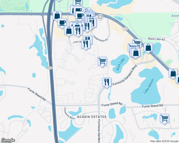 map of restaurants, bars, coffee shops, grocery stores, and more near 3028 Parrot Head Place in Kissimmee
