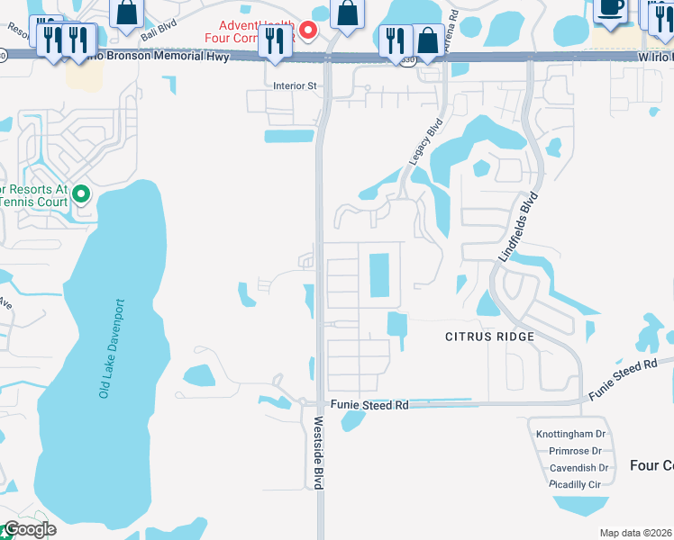 map of restaurants, bars, coffee shops, grocery stores, and more near 8979 Cat Palm Road in Kissimmee