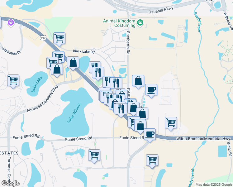 map of restaurants, bars, coffee shops, grocery stores, and more near 7675 West Irlo Bronson Memorial Highway in Kissimmee