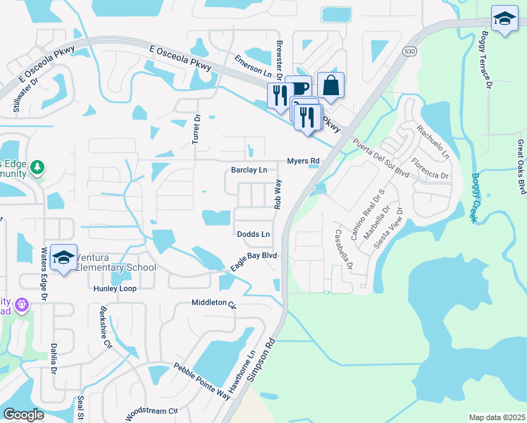map of restaurants, bars, coffee shops, grocery stores, and more near 2728 Randal Way in Kissimmee